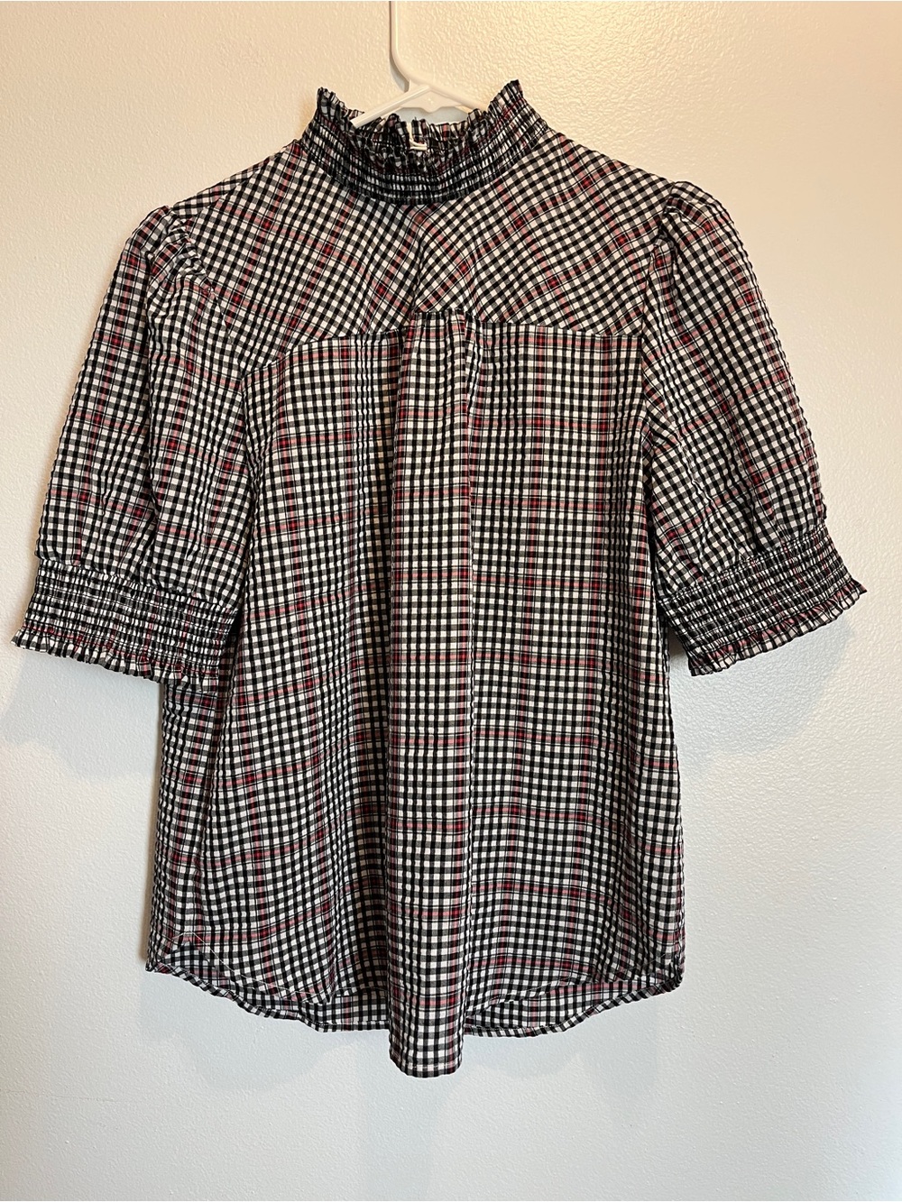LOFT Black, White & Red Plaid Smocked Neck Puff-Sleeve Top